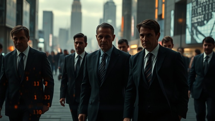 A group of men in suits embodying watchmen, surrounded by digital elements in a futuristic cityscape.