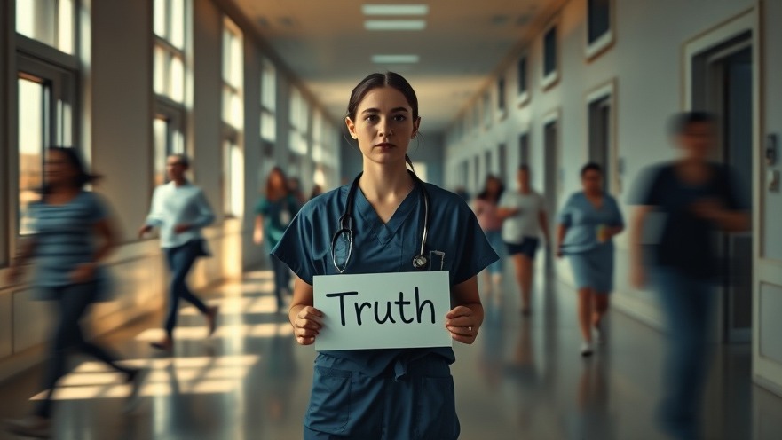 Nurse holding a 'Truth' sign amidst chaos, symbolizing prophetic believers seeking spiritual breakthroughs.