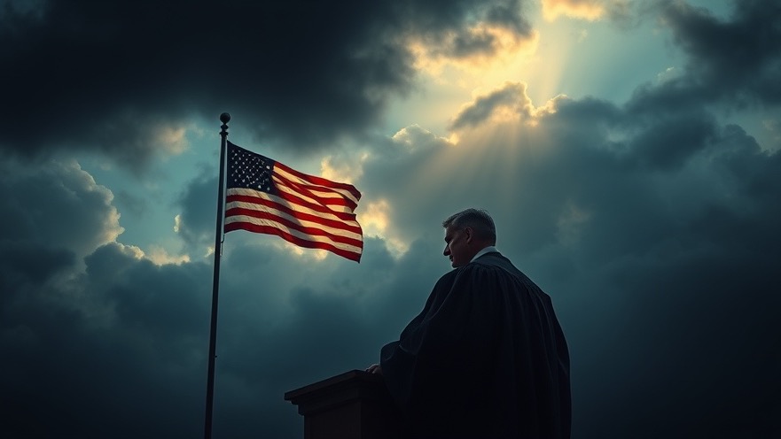 A contemplative judge stands before an American flag, embodying civic engagement for prophetic believers.