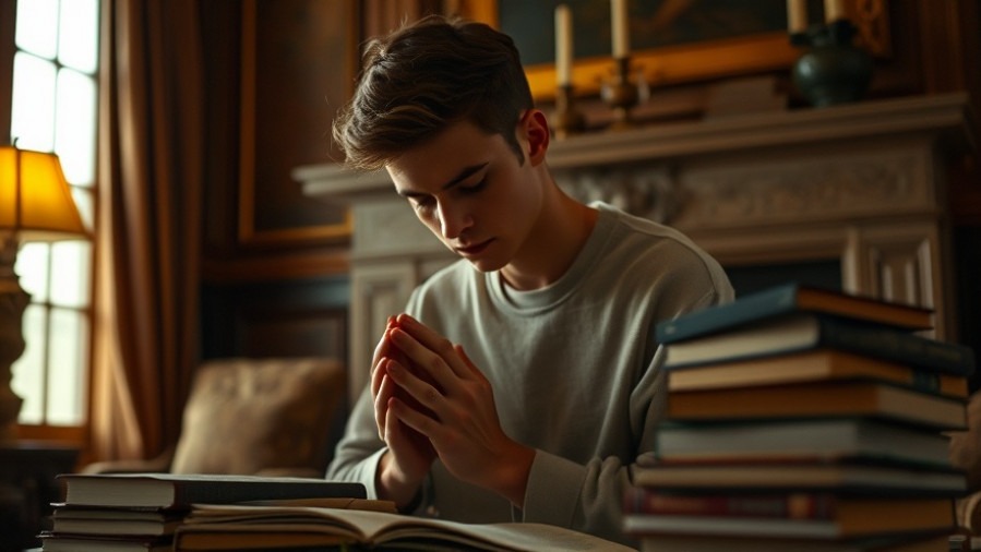 Young man praying in elegant home, embodying spiritual authority and intercession.