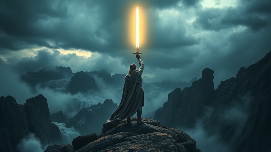 James Goll's Personal Breakthrough: A warrior in silver armor raises a glowing sword in a stormy landscape.