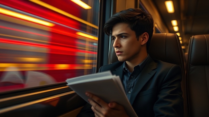 Young businessperson reflecting on the economic impact of tariffs on a train.
