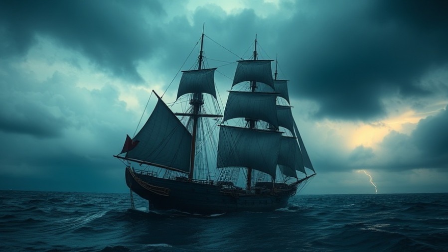 A dramatic scene of an antique ship facing the storm, reflecting spiritual warfare and divine protection.