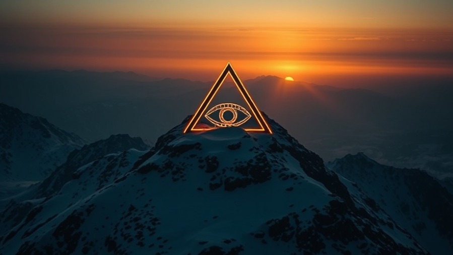 Mysterious eye in triangle symbolizes spiritual awakening, set on snowy mountain peak.