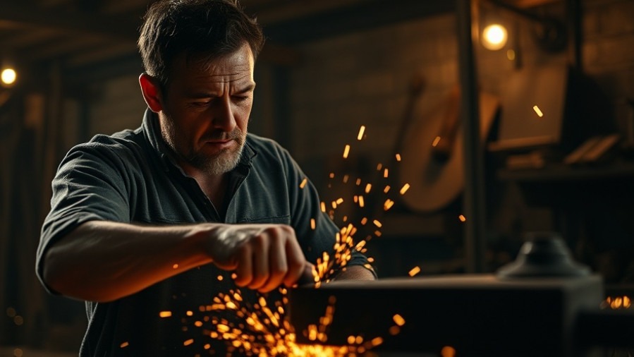 Focused blacksmith forging metal in a rustic workshop, symbolizing unity and revival.