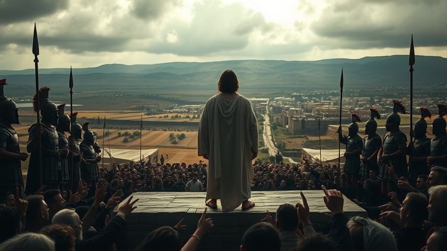 Jesus on stone platform amid Roman guards and a tumultuous crowd, symbolizing perseverance in faith.