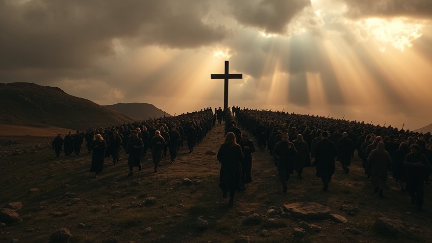A cinematic scene of crowds in motion towards a wooden cross, symbolizing faith and healing.