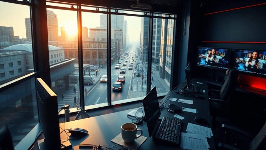 Cinematic newsroom with morning light revealing a bustling cityscape, embodying faith-driven conservatives' financial empowerment.