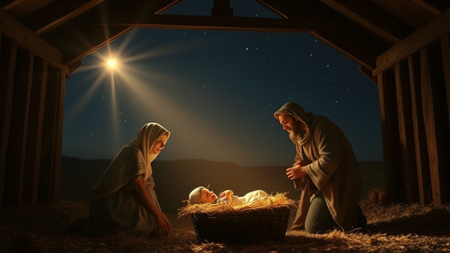 Christmas Eve reflection: Mary and Joseph in a humble barn, illuminated by starlight.