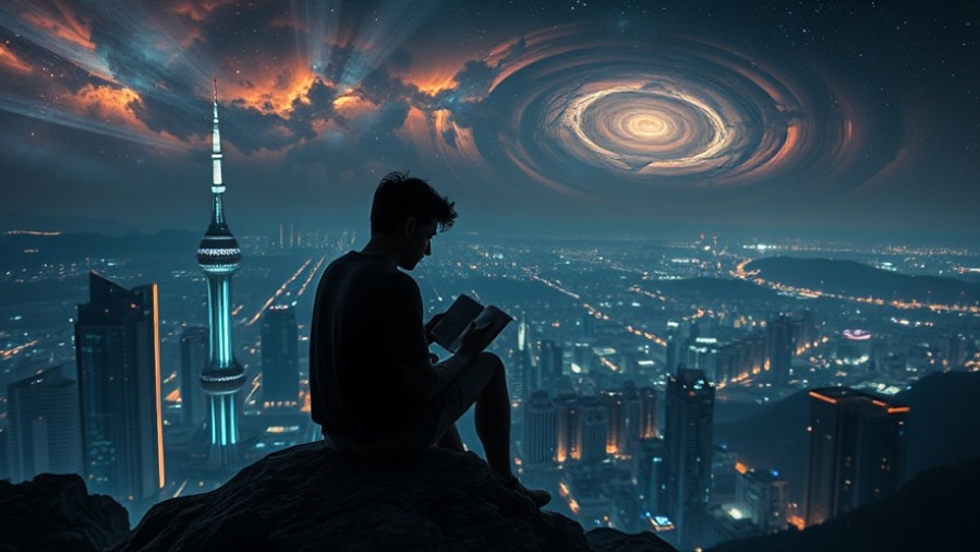 Young man reading on a rock, inspired by Joseph Z's prophetic gifts in a neon cityscape.