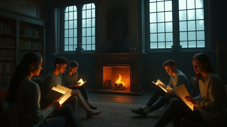 Young adults studying prophetic beliefs in a warm, ethereal study hall.