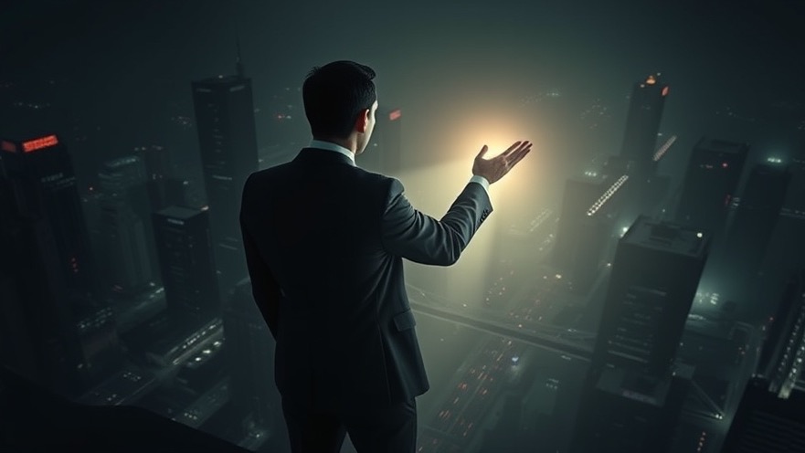 A man in a suit shines radiant light over a shadowy city, symbolizing spiritual warfare.