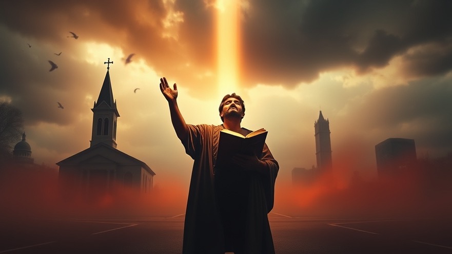 A prophet figure at a crossroads, symbolizing Spiritual Warfare and healing, illuminated by divine light.