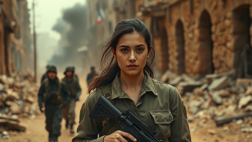 A determined military woman leads amidst a war-torn city, embodying spiritual warfare and resilience.