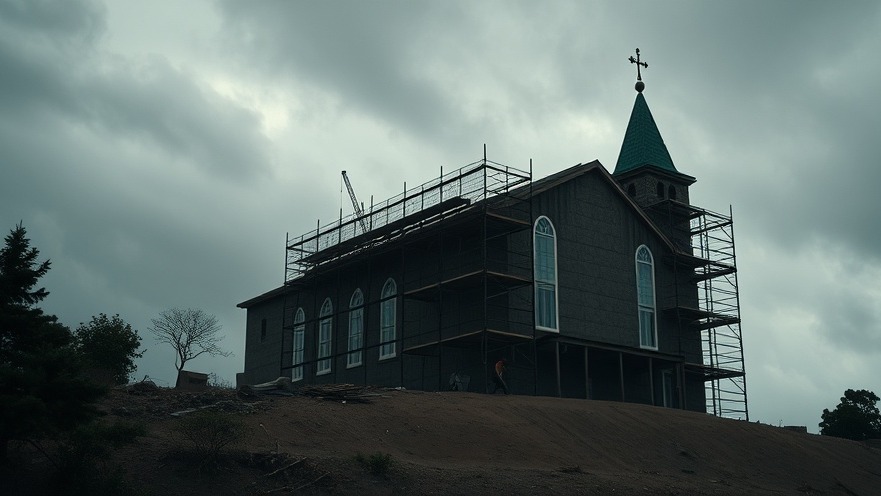 Cinematic view of a church under construction, embodying spiritual renewal and community worship.