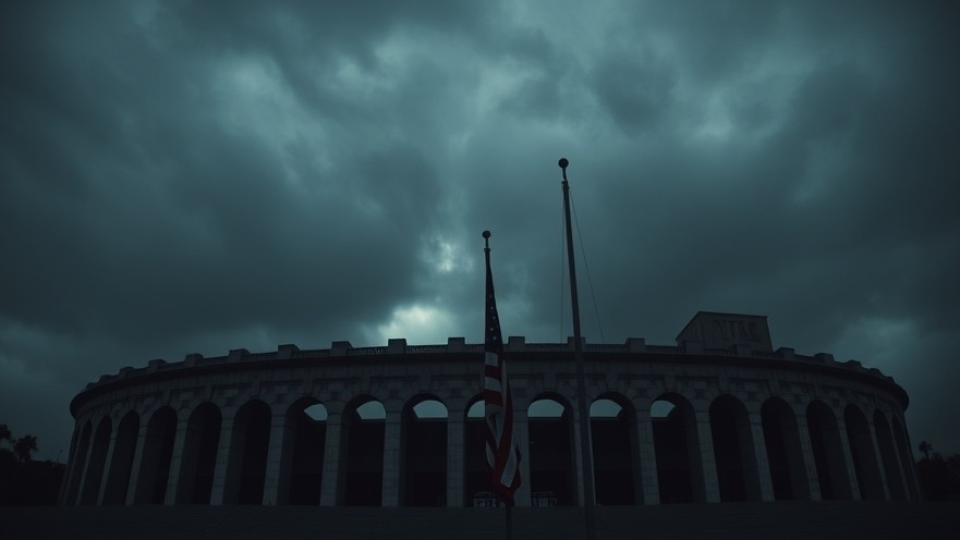 Cinematic scene of Los Angeles Memorial Coliseum under cloudy skies, embodying spiritual warfare themes.