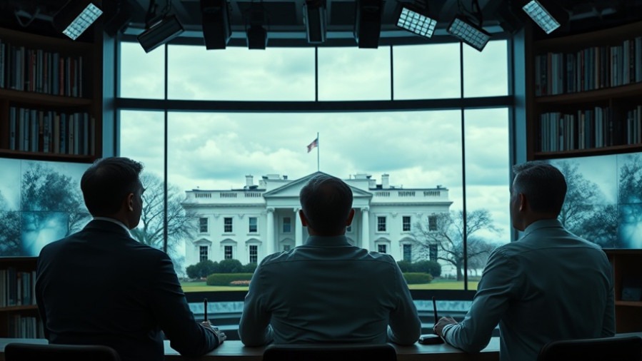 Three men discuss government aid in a dim news studio, facing a lifeless White House.