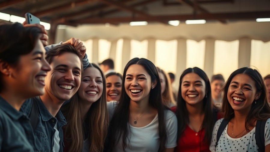 Young adults joyfully gathered at a Mario Murillo event, capturing memories in spiritual warfare.