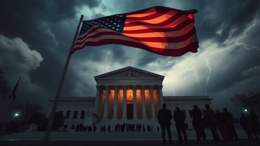 Cinematic scene of the Supreme Court with stormy skies, reflecting a spiritual awakening.