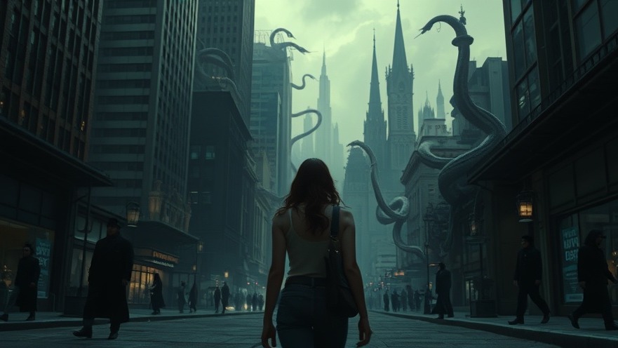 A young woman explores a surreal cityscape blending fantasy and reality, embodying spiritual discernment.