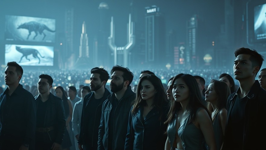 Group in spiritual warfare, illuminated by eerie lights in a dystopian city.