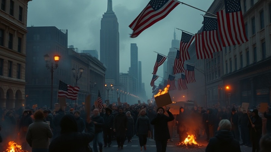The Power of Prayer seen in a smoky New York City dawn, as crowds protest amid destruction.