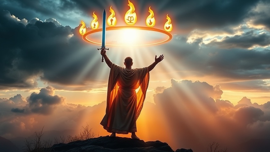 A warrior in glowing armor embodies spiritual warfare, worshiping at dawn.