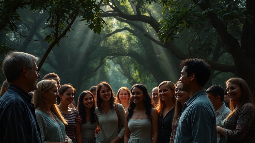 Joy in suffering: a diverse group celebrating connection in a serene park.