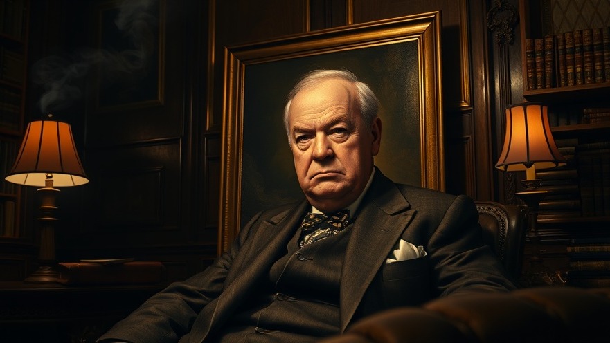 Cinematic painting of Winston Churchill in a historical study, evoking revivalists' insights.