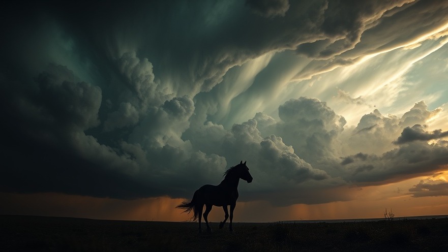 Cinematic stormy sky with a black horse, reflecting faith and revival in community prayer.