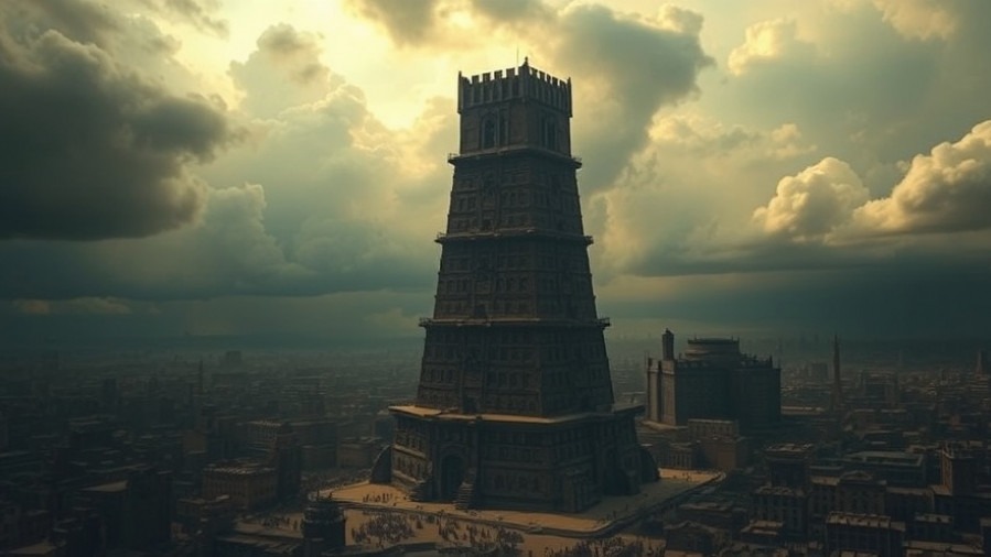 Dramatic Tower of Babel scene, reflecting unity in Christ and prophetic insights.