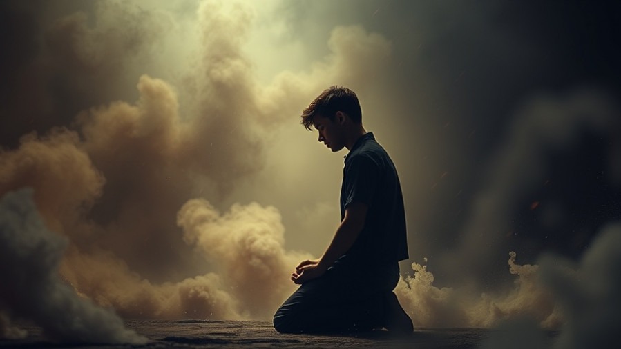 Young adult in prayer amidst stormy chaos, embodying spiritual warfare and the power of prayer.
