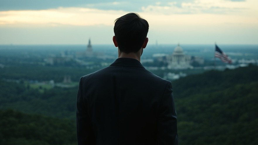 A young man in a suit gazes over a prophetic landscape, embodying faith-driven conservatism.