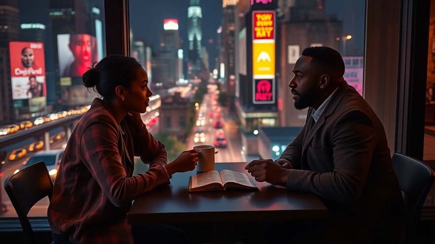 Diverse individuals discuss moral surrender and inclusivity with a bible at a café.