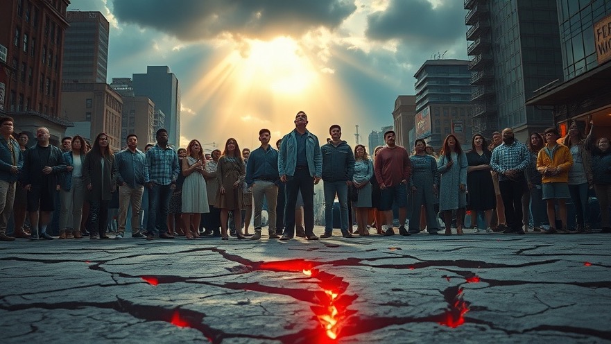 Diverse group in awe amidst cracked ground, reflecting end times prophecy and spiritual awakening.