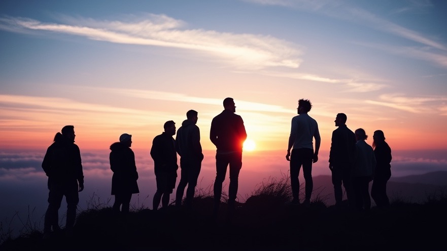 A diverse group stands united on a hill, embracing a prayer revival under a radiant sunrise.