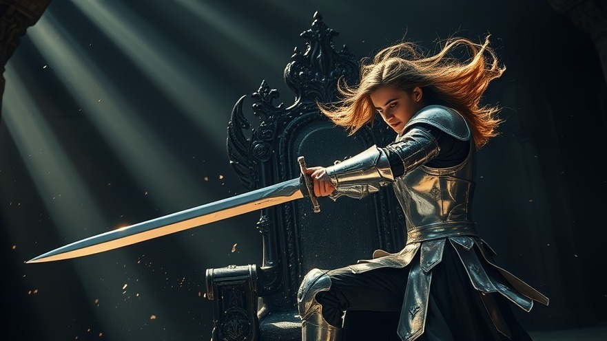 Cindy Jacobs in silver armor wielding a sword in a dark throne room, showcasing spiritual warfare.