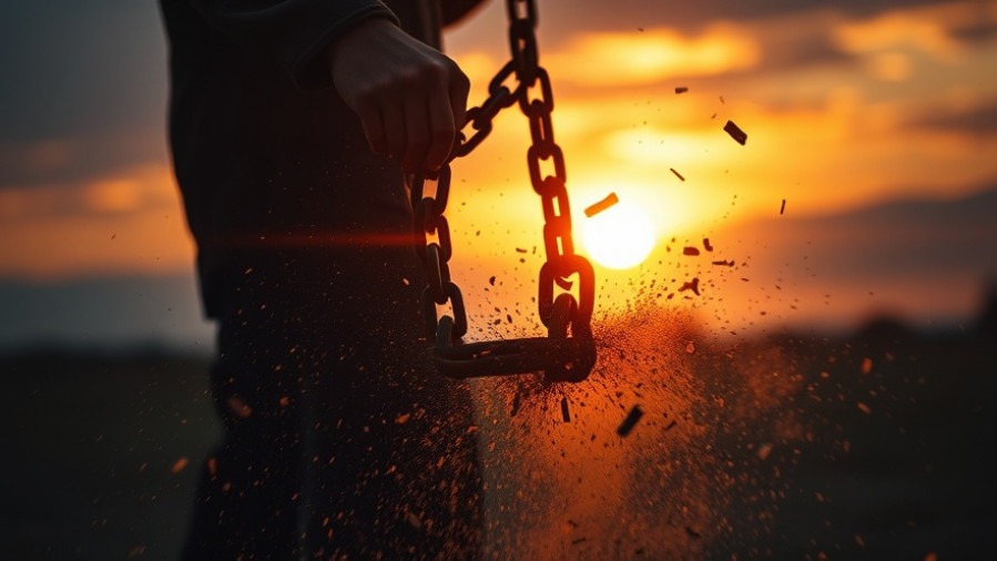A person breaking chains at sunrise symbolizes Victory over Chaos, expressing liberation.