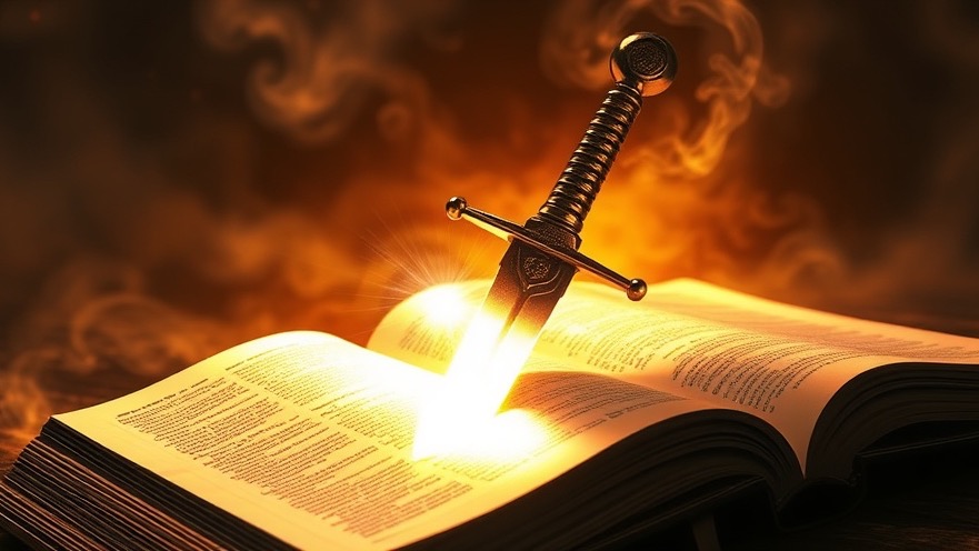 Ancient short sword piercing a Bible, illustrating spiritual warfare and Ephesians 6:7.