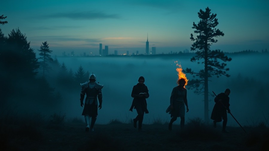 Dawn scene of revivalists emerging through fog, symbolizing spiritual awakening.