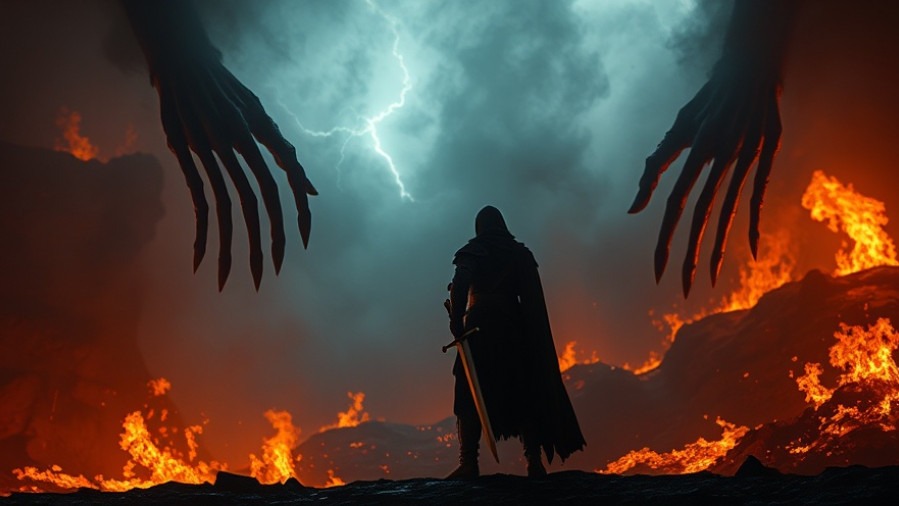 A lone warrior in dark armor wielding a sword in a fiery landscape, embodying spiritual warfare and the revival power of prayer.