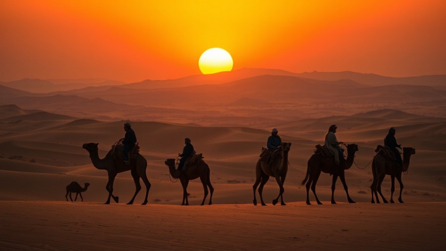 A serene desert scene with camels at sunset, symbolizing the power of prayer.