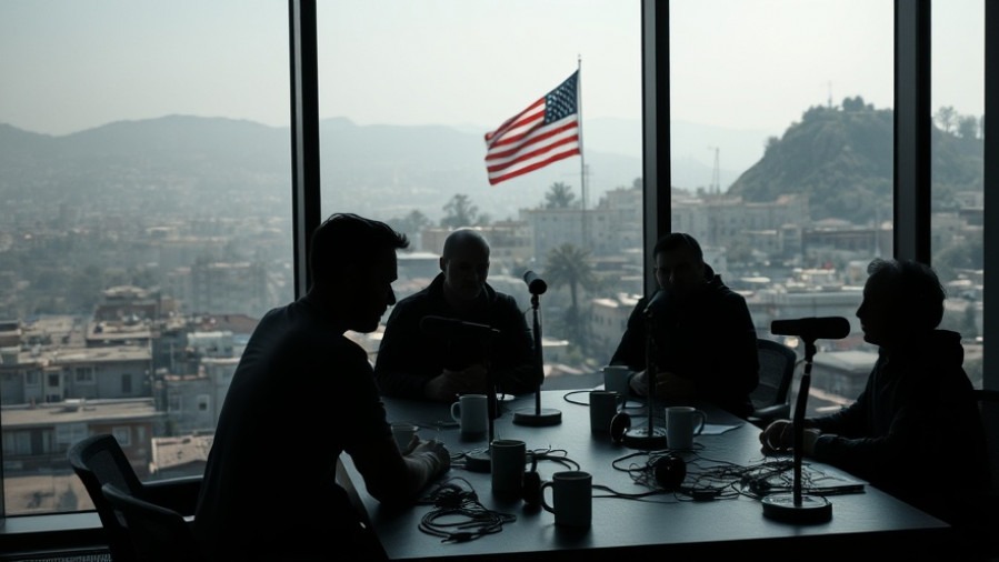 Podcast recording on spiritual warfare and cultural transformation, featuring urban backdrop.