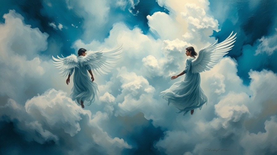 Angelic assignments depicted in a dreamy Monet-style painting with ethereal winged figures.