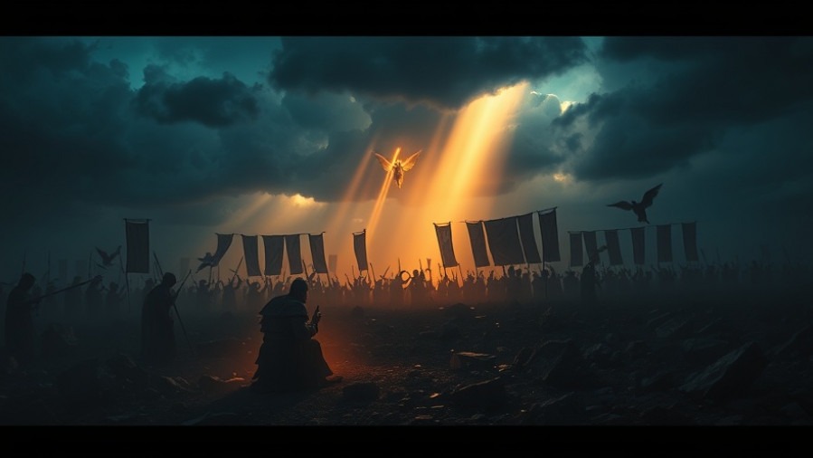 A solitary warrior in prayer on a fractured battlefield, embodying spiritual warfare.