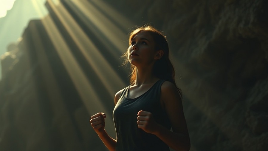 Young woman in spiritual warfare, defiant against rocky barrier, embodying the power of prayer.