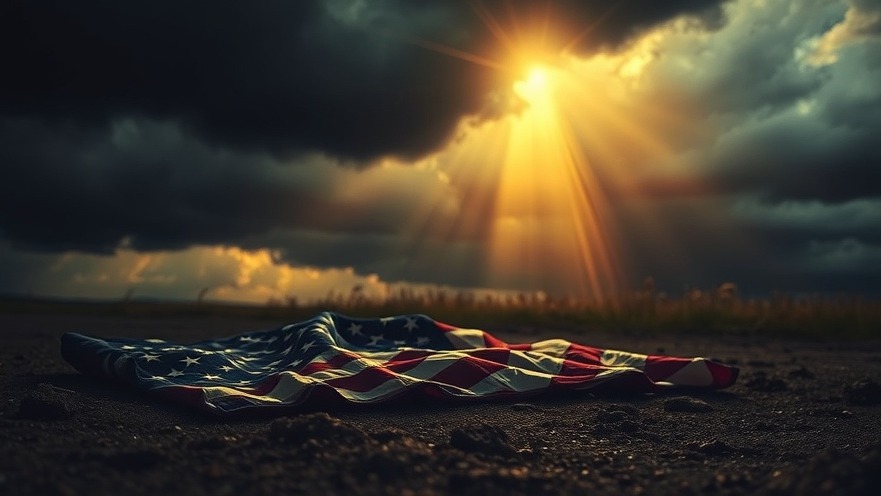 Cinematic scene of a flag symbolizing Christian unity under dramatic clouds.