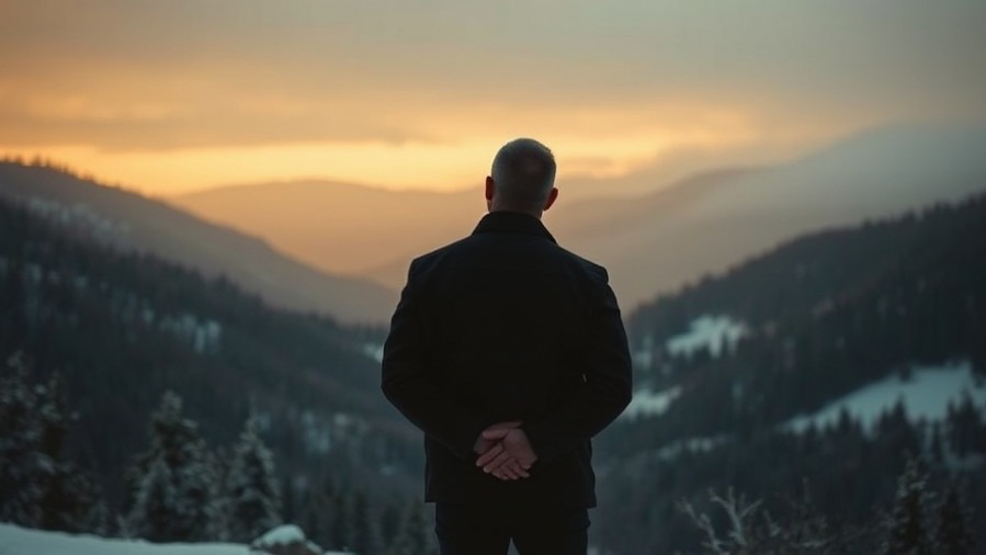 A man in introspection represents Christian accountability in winter's embrace.