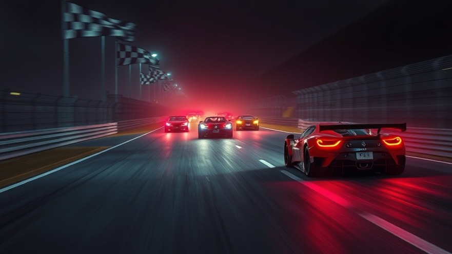 Cinematic race cars in motion, reflecting a journey of spiritual discovery.