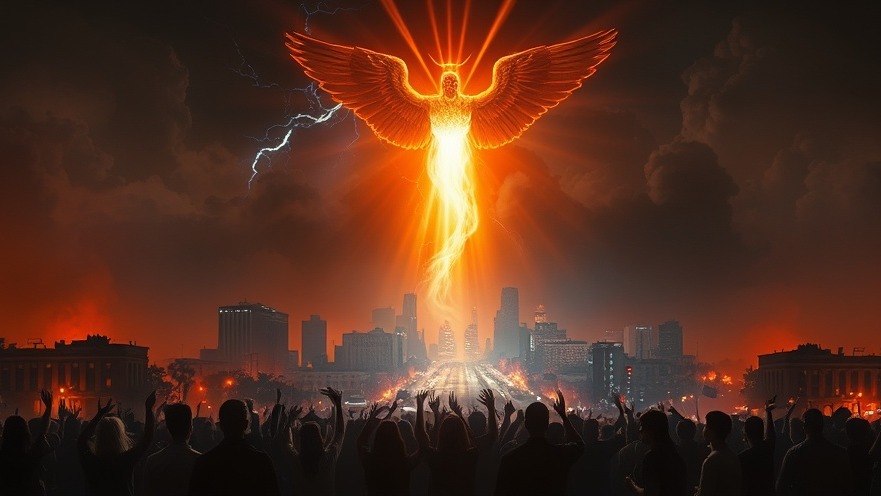 Los Angeles in chaos as an angel descends, embodying spiritual awakening and prayer.